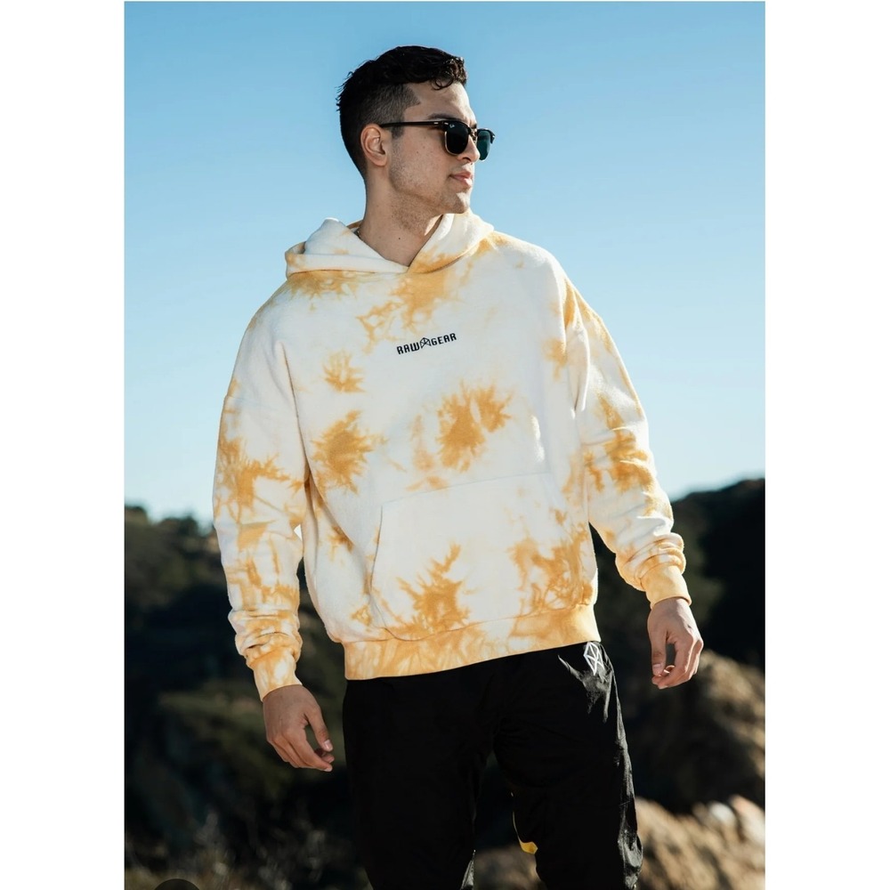 NEW! Raw Gear Men's Tie-Dyed Designer Cotton Hoodie White Yellow/Gold Sz Medium